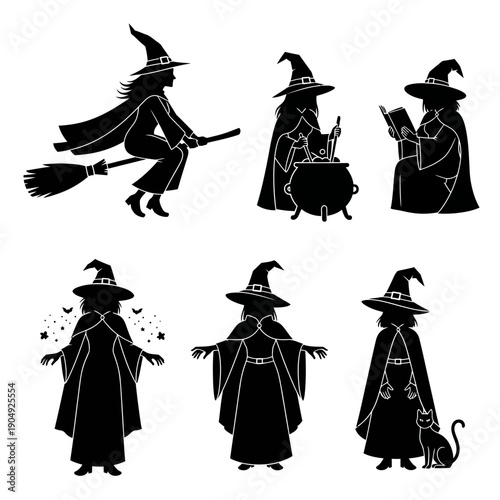 Silhouette illustrations of witches performing various magical actions