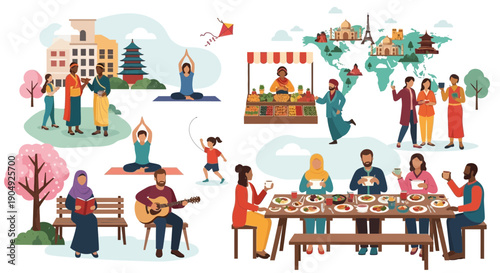 Diverse cultural activities and global community engagement illustration.