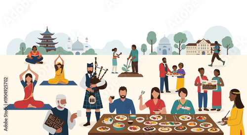 Diverse cultural activities and traditions around the world illustration.