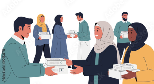 Diverse group of people exchanging books promoting literacy and community engagement.