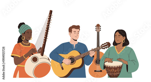 Diverse Musicians Playing Traditional Instruments in Harmony.