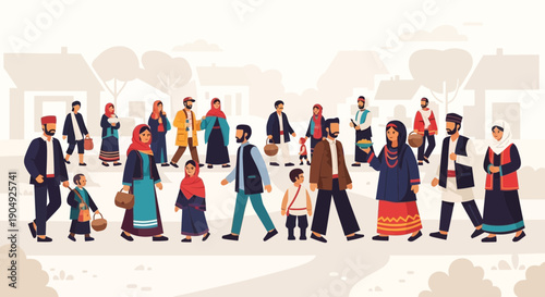 Diverse Group of People in Traditional Clothing Walking Together.