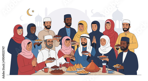 Diverse Muslim Community Sharing Iftar Meal During Ramadan.