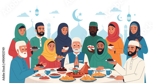 Diverse Muslim Family Gathering for Iftar Meal During Ramadan.