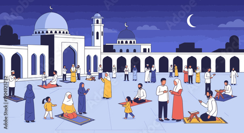 Eid alAdha Celebration at Mosque with Families and Crescent Moon.