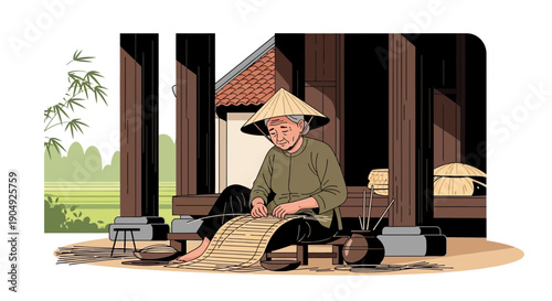 Elderly Artisan Crafting Traditional Mat in Vietnam.