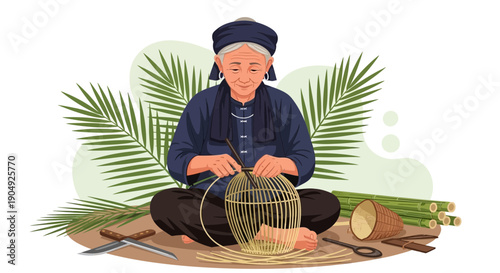 Elderly Artisan Crafting Bamboo Basket with Traditional Techniques.