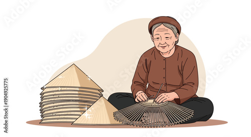 Elderly Vietnamese woman weaving traditional conical hats with focused craftsmanship.