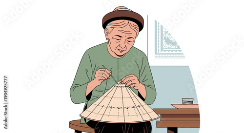 Elderly woman crafting a traditional Asian conical hat with focus.