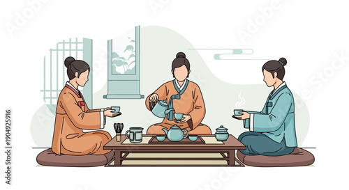 Elegant Tea Ceremony Three Figures in Traditional Attire.