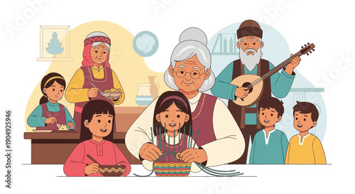 Family Gathering Grandparents Children and Traditional Music.