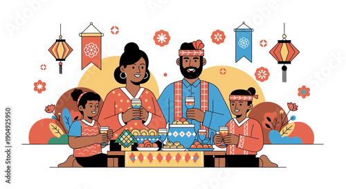 Family Celebrating Songkran Festival with Traditional Thai Attire and Lanterns.