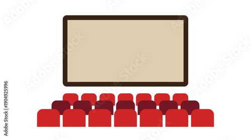Cinema Theater Vector Illustration | Red Seats Facing Large Screen | Editable Movie Graphic for Entertainment, Film Festival Posters, Media, and Audience-Themed Design Projects