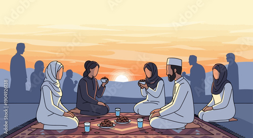 Muslim Family Iftar Meal at Sunset Illustration.
