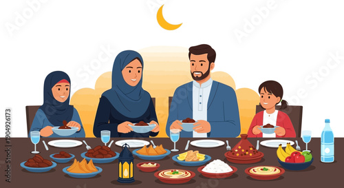 Muslim Family Iftar Meal During Ramadan Celebration Illustration.