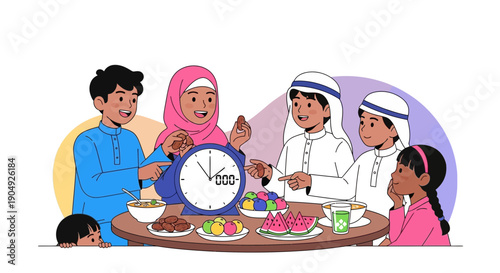 Muslim Family Iftar Meal Illustration with Clock and Traditional Foods.