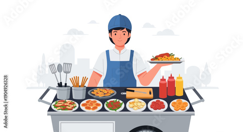 Street Food Vendor with Cart Offering Delicious Dishes.