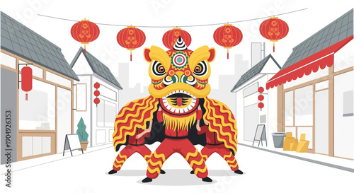 Vibrant Chinese Lion Dance Performance in a Festive Street Setting.