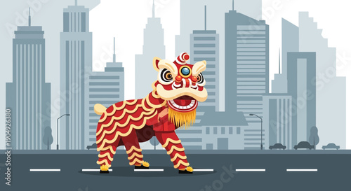 Vibrant Chinese Lion Dance Performance in Urban Setting.