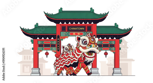 Vibrant Chinese Lion Dance Performance in Front of Traditional Gate.