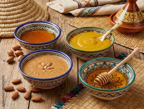 Berber Breakfast Table Amlou, Butter, Honey and argan Oil, Atlas Mountains, Morocco. AI Image