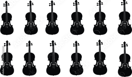 Vector, black, silhouette, illustration, set, of, various, classical, violins, for, music, orchestra, concert, performance, musical, instrument, symphony, artistic, sound, and, woodwind, design