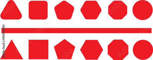 Red Geometric Shape Set with Rounded and Sharp Corners, Triangle Square Pentagon Hexagon Octagon Circle and Horizontal Bar, Solid Flat Vector Isolated on Transparent Background.