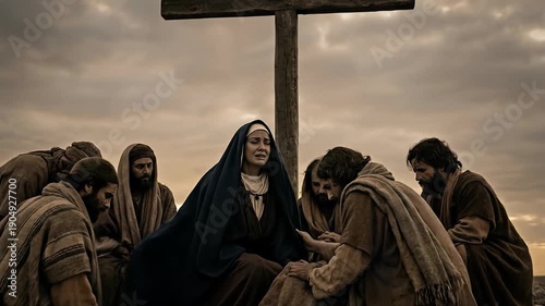 Grieving mother Mary wearing blue robes sitting at the base of a wooden cross with mourning followers on a hill during the biblical scene of the crucifixion of jesus christ