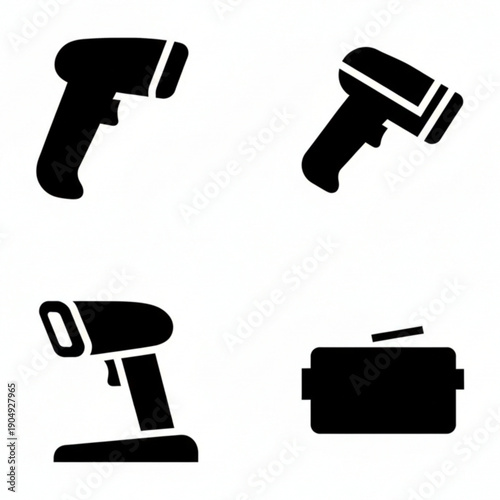  set of icons representing retail point-of-sale equipment, including barcode scanners, a terminal display, and a payment device. 