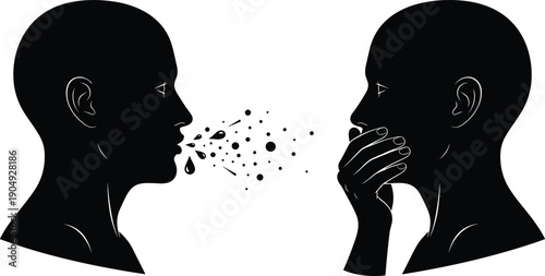 Black and White Silhouette Illustration of Human Profiles Showing Airborne Droplet Transmission Depicting Public Health, Cough, and Respiratory Safety