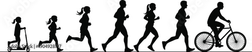 Black Silhouette Illustration of Life Stages Showing Children, Teenagers, and Adults Progressing from Scooter Riding to Running and Cycling