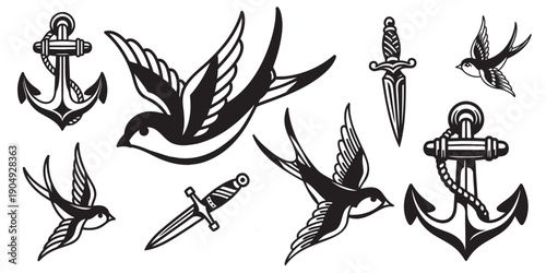 Old School Flash Tattoo Vector Set with Anchors, Swallows and Daggers