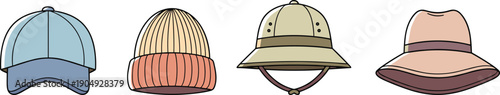 Colorful Illustration of Four Different Hat Styles Including Baseball Cap, Knitted Beanie, Pith Helmet, and Wide-Brimmed Sun Hat