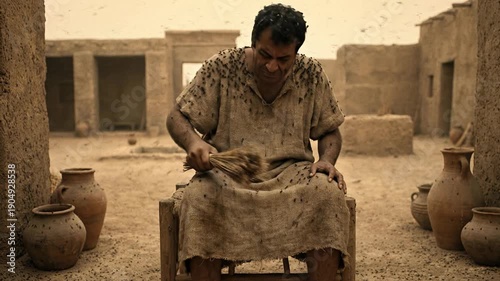 Distressed Egyptian man sitting in a dusty village street swiping away a swarm of flying insects representing the eighth biblical plague of locusts during the ancient exodus story