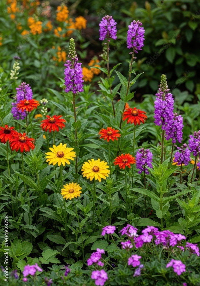 Fototapeta premium A vibrant garden yard filled with diverse flowering plants creating a peaceful, lush, and colorful natural landscape scene, green, outdoor, sunny