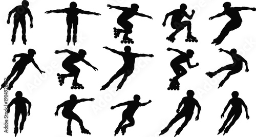 Black Silhouette Illustration of Rollerblading Individuals in Dynamic Poses Including Jumping, Gliding, Turning, and Athletic Skating Movements