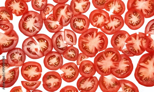 Freshly sliced ripe tomatoes arranged on a clean white background showcasing vibrant red color and juicy texture for culinary use