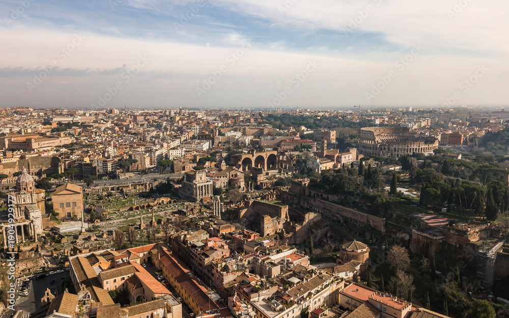 Fototapeta premium Aerial view of ancient Rome with Roman Forum ruins