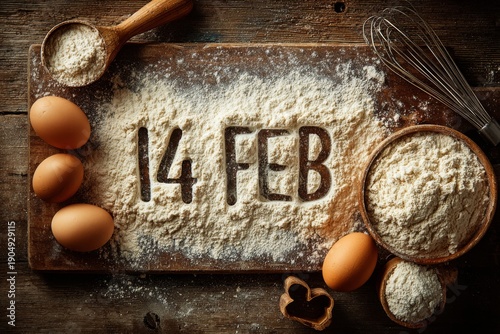 Rustic kitchen table with eggs whisk and flour letterings