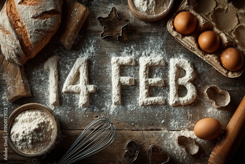 Top view of flour message on rustic wooden kitchen table