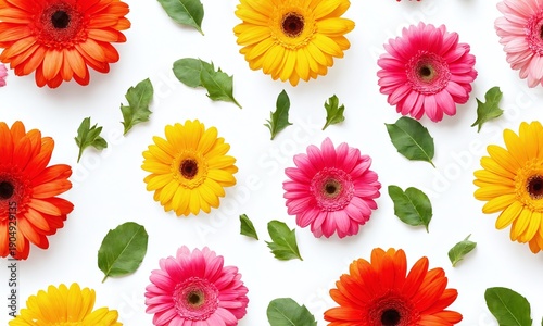 Colorful gerbera daisies and green leaves arranged on a clean white background for a vibrant spring display