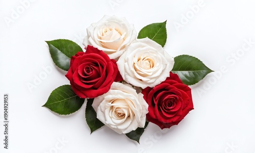 Beautiful arrangement of red and white roses with green leaves for decoration or gifting purposes