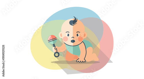 Adorable Baby Playing with Rattle Illustration in Cartoon Style.