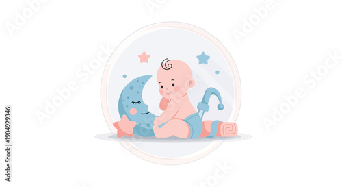 Adorable Baby Resting on a Crescent Moon with Stars.