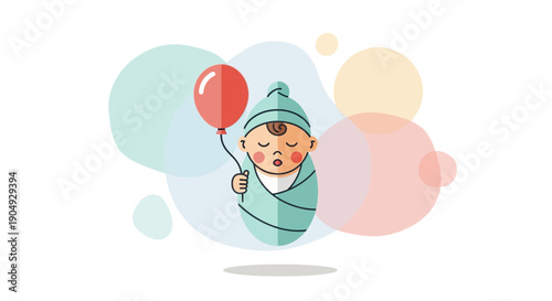 Adorable Baby Wrapped in Blanket Holding Red Balloon Illustration.