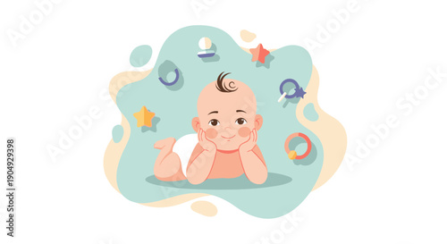 Adorable Baby Surrounded by Toys in a Playful Illustration.