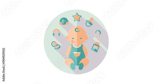 Baby Surrounded by Baby Items in a Flat Design Circle.