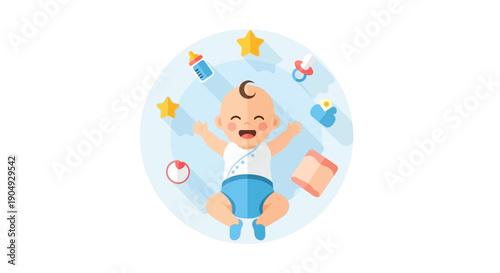 Cheerful Baby Surrounded by Toys and Baby Items Illustration.