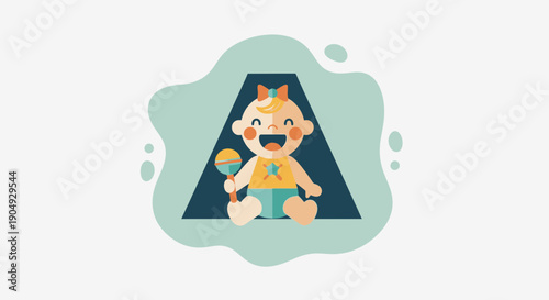 Cheerful Baby with Rattle Illustration in Triangle Frame.