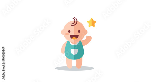Cheerful Baby Waving Hand with Star Illustration.